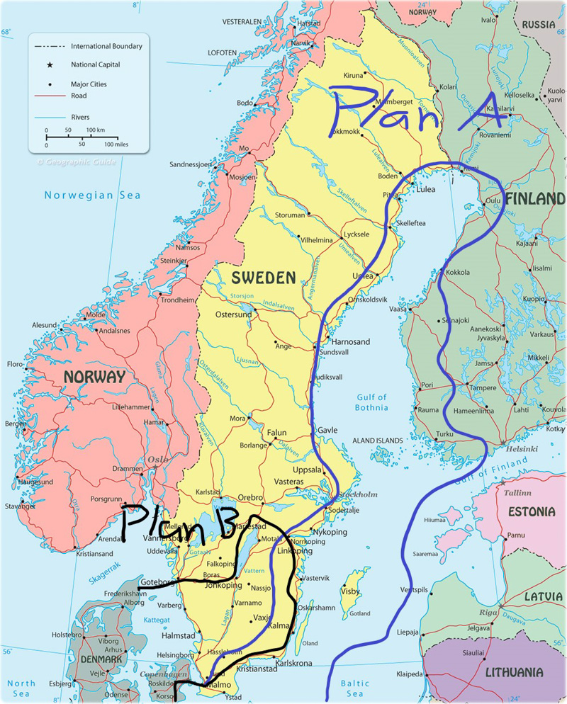 Our original Plan A and the route we took instead.